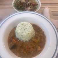 Vegan stew with rice and salad at Bio.Tequim Vegetariano Restaurante in Tavira