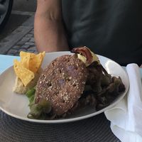 Vegan burger for an omnivore, and he loved it at Bio.Tequim Vegetariano Restaurante in Tavira