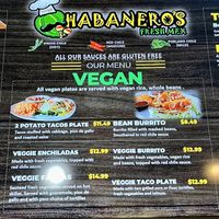 Vegan Menu  at Habanero's Fresh Mex in Las Cruces