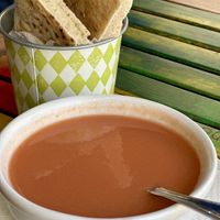 Gazpacho and an order of bread(4 pcs)  at El Vegetariano de la Alcazabilla in Malaga
