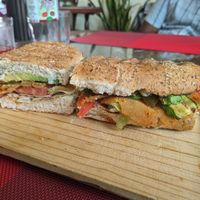 Torta Especial (grilled veg, salad, avo, vegan mayo, seitan 'turkey' slices) at Comiendo Sano Mi Tienda de la Salud in Mazatlan