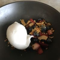Coconut sorbet with honeycomb and local berries  at Aloft in Hobart