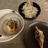 Silken tofu, nori chips, woodear mushroom dumpling. First course was delish! at Aloft in Hobart