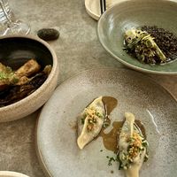 lentils, alium + sesame
wood ear mushroom dumpling + kunzea gastrique crispy chilli eggplant  at Aloft in Hobart
