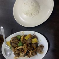 Pepper lamb steak with rice   at Gaya Vegetarian in Kota Kinabalu
