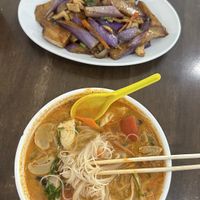 Fried eggplant with tofu and Tom Kha  at Gaya Vegetarian in Kota Kinabalu
