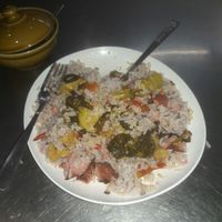 Rice, veggies and some mockmeat at Raan Midr J - ร้าน มิตรเจ in Udon Thani
