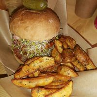 Tempeh burger🍔 with potato fries🍟 at Edgy Veggy in Sofia