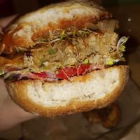 The inside of the tempeh burger. Soft, juicy & tasty burger combo at Edgy Veggy in Sofia