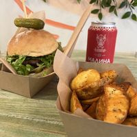 Whopper style burger, chips and drink   at Edgy Veggy in Sofia