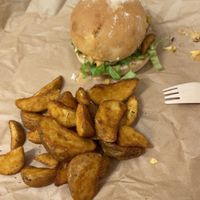 Burger and fries  at Edgy Veggy in Sofia