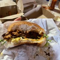 A few tasty bites into the Grillzilla burger with only a few sweet potato fries left  at Edgy Veggy in Sofia