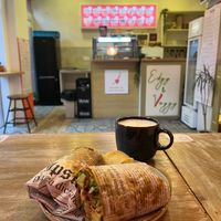 Donerrito with a latte. at Edgy Veggy in Sofia