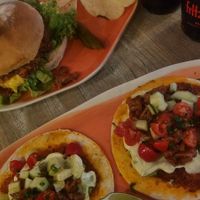 Pulled "pork" tacos and big mac burger (beyond meat patty) at Edgy Veggy in Sofia