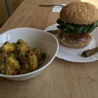Lentil burger and daily salad  at Edgy Veggy in Sofia