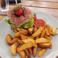 Burger with fries - plate costs 6 EUR. at Edgy Veggy in Sofia