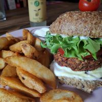 veggy burger with homemade gluten-free bun, quinoa patty and veggies.  at Edgy Veggy in Sofia