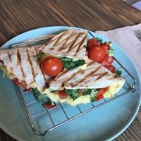 Quesadilla with vegan cheese, tomatoes, red bell peppers, spinach, broccoli. 9.5 BGN/ €4.86/ $5.53 at Edgy Veggy in Sofia