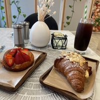 Left - Strawberry Lemon Danish, Right - Almond Croissant; Drink - Iced Americano   at L'Artisane Creative Bakery in Coral Gables