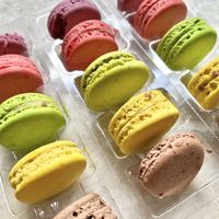 Vegan French Macaron Box, delivered to my door. Cassis-dark chocolate, strawberry-rose ganache, pistachio, lemon and salted caramel ganache.  at L'Artisane Creative Bakery in Coral Gables