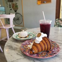 Chocolate croissant, fruit dessert, and hibiscus tea at L'Artisane Creative Bakery in Coral Gables
