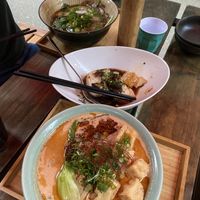 Vegan tantan ramen (in foreground) and agedashi tofu. Background is non-vegetarian ramen  at O'Uchi in Sydney