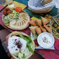 Hummus platter, samosas and wrap at Falafel Penang in Penang