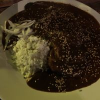 Mole with rice and soy meat at El Apapacho in Merida