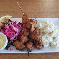 Skewers with potato salad (vegan) at Goodstore - Asogatan in Stockholm