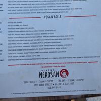 Vegan menu at Sushi Nekosan in La Jolla