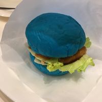 Soy meat, gluten-free bun burger. Blue. As you do. at Fabius Cafe in Tokyo