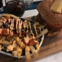 Korean vegan fish burger and fries  at The Fish & The Chip in Leicester