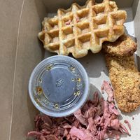 vegan chicken and waffles with vegan bacon #Veganuary at d20 Board Game Cafe - Watford in Watford