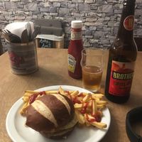 Vegan 'beef' Burger with cider at d20 Board Game Cafe - Watford in Watford