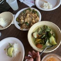 Pad kee mow (that soy meat is WOW) and green curry   at Thai Vegan in Beverly Hills