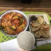 Sweet and sour tofu and veg dumplings with white rice at Thai Vegan in Beverly Hills