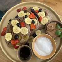 Amazing pancakes with added peanut butter   at Dharma Coffee & Juice in Ubud