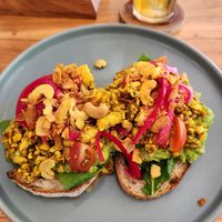 Curried tofu scramble and avo on toast at Dharma Coffee & Juice in Ubud