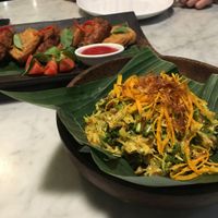 Tempeh and tofu (at back) jack fruit and papaya (at front) at Batan Waru in Gianyar