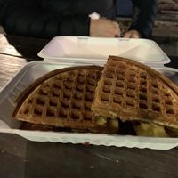 Vegan sausage and baked Apple sandwich.   at Smaaken Waffle Sandwiches - Food Truck in Beaverton