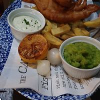 Vegan "fish" and chips (banana blossom fish) at Hillhead Bookclub in Glasgow