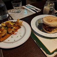 Fried enoki mushroom waffles, vegan breakfast muffin at Hillhead Bookclub in Glasgow