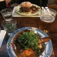 Jamaican stew for me and beef burger for my partner  at Hillhead Bookclub in Glasgow