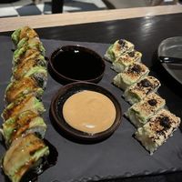 L: Dragon roll; R: Torched & Pressed roll   at PLANTA in Miami Beach