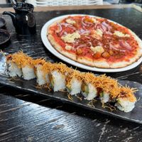 'Firecracker' sushi + Spicy chorizo pizza at PLANTA in Miami Beach