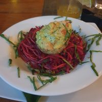 Beet-stained stuffed mushroom pasta at Beach Dog Cafe in Nosara