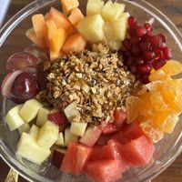 Goddess Bowl: multigrain rice porridge (made with hemp milk) topped with fruit   at Ayurvedico Cafe in Pokhara
