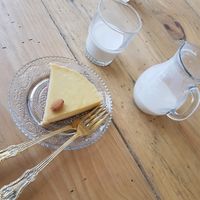 raw cashew cake with almond milk at Ayurvedico Cafe in Pokhara