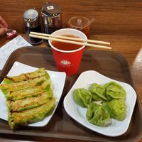Pan fried and boiled vegan dumplings. Plum juice. 46 HKD (+1$ if you take 5+5 instead of 10 of the same dunplings) at Bafang Dumpling in Kowloon
