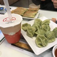 Steamed and fried vegetarian dumplings with hot soy milk bubble tea  at Bafang Dumpling in Kowloon